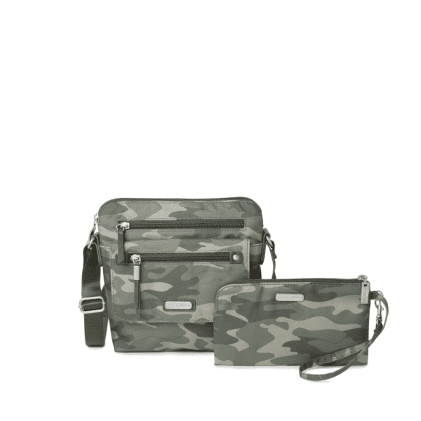 Baggallini Excape Crossbody with Wristlet Olive Camo Front-min