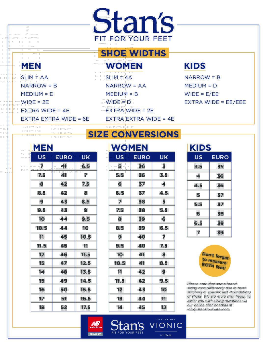 STANS size chart