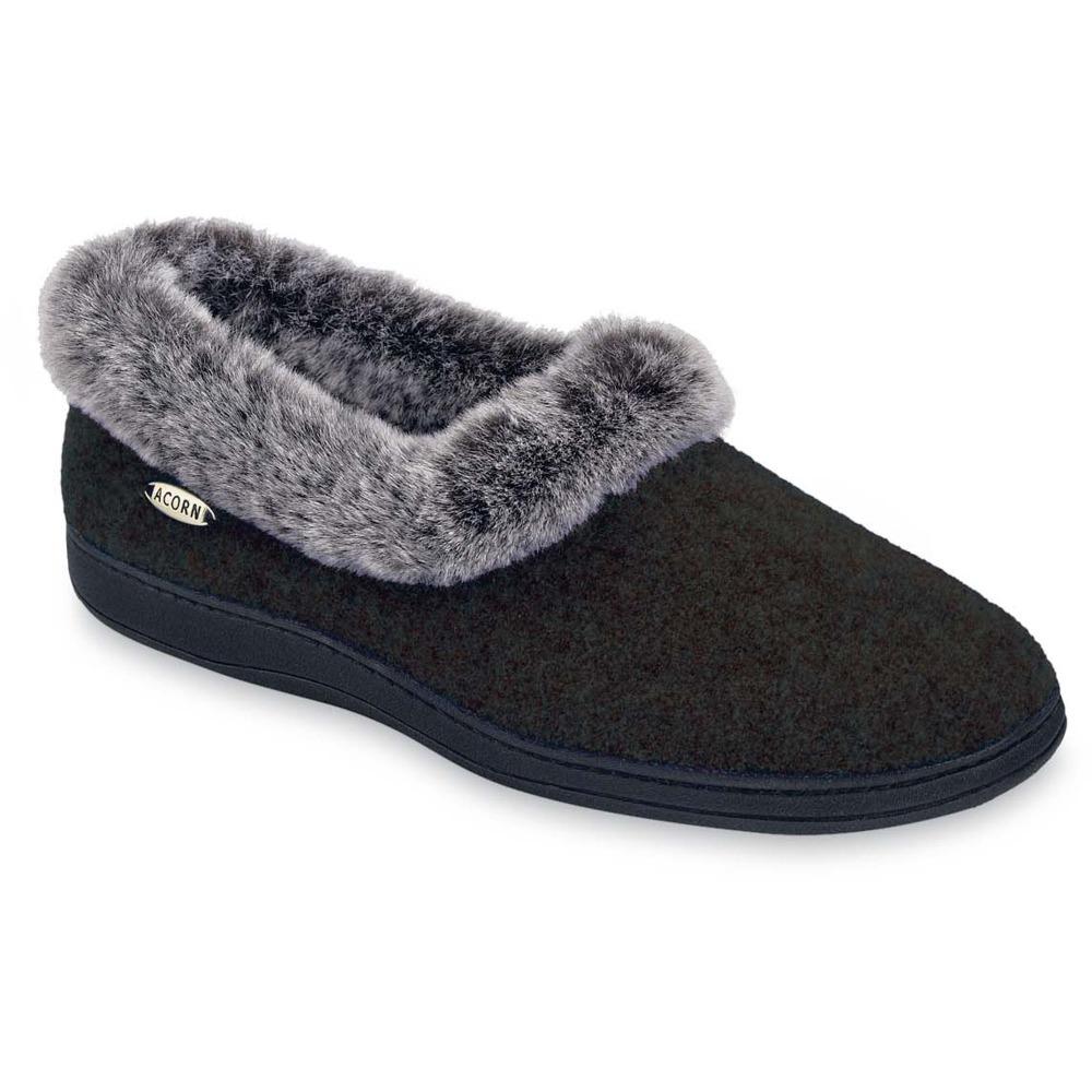 Women's Acorn Faux Fur Collar Slippers - Black | Fit For Feet