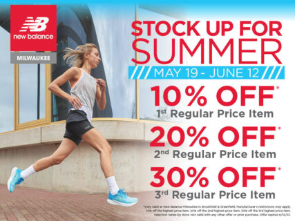 New Balance Milwaukee Stock Up For Summer sale is May 19-Jun 12, 2022. Get 10% off your first regular price item, 20% off your second regular price item, and 30% off your third regular price item