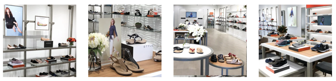 Images of inside The Vionic Store Milwaukee with sandals, casual shoes, sneakers and fashion shoes.